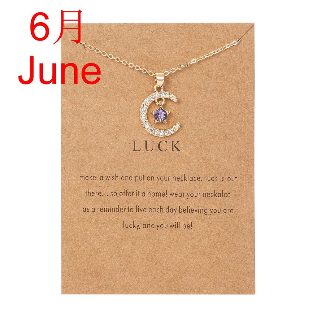 Moon Star Crystal Birthstone Pendant Necklace For Women Choker Mom Birthday Jewelry Gift Gold Color Clavicle Chain Wish Card.