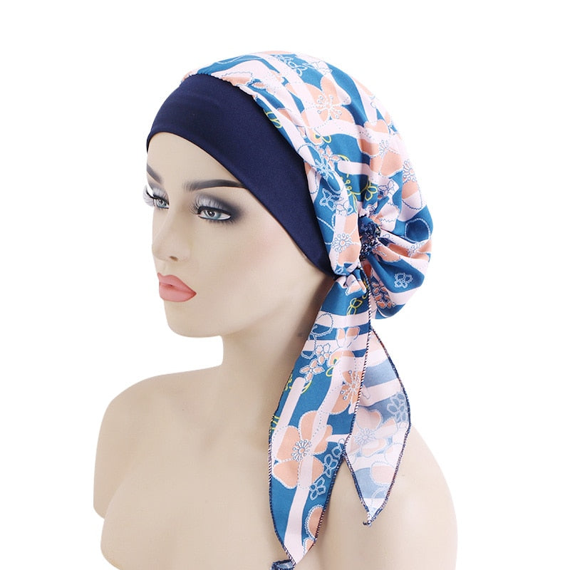 Women Printed Pre-tie Headscarf Elastic Muslim Female Turban Cancer Chemo Hat Hair Loss Cover Head Wrap Headwear Stretch Bandana