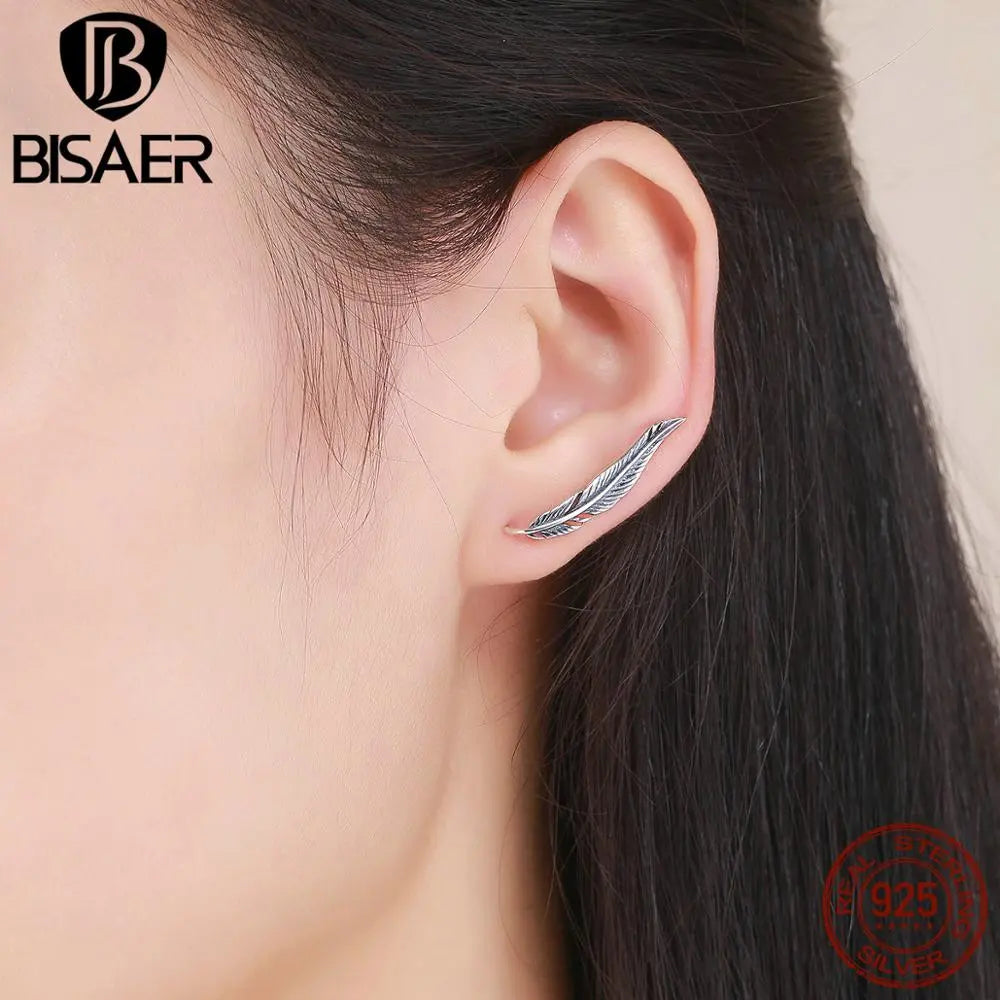 BISAER 925 Sterling Silver Circle Licorne Tree Leaves Snowflake Butterfly Stud Earrings Women Fashion Earrings Jewelry Brincos