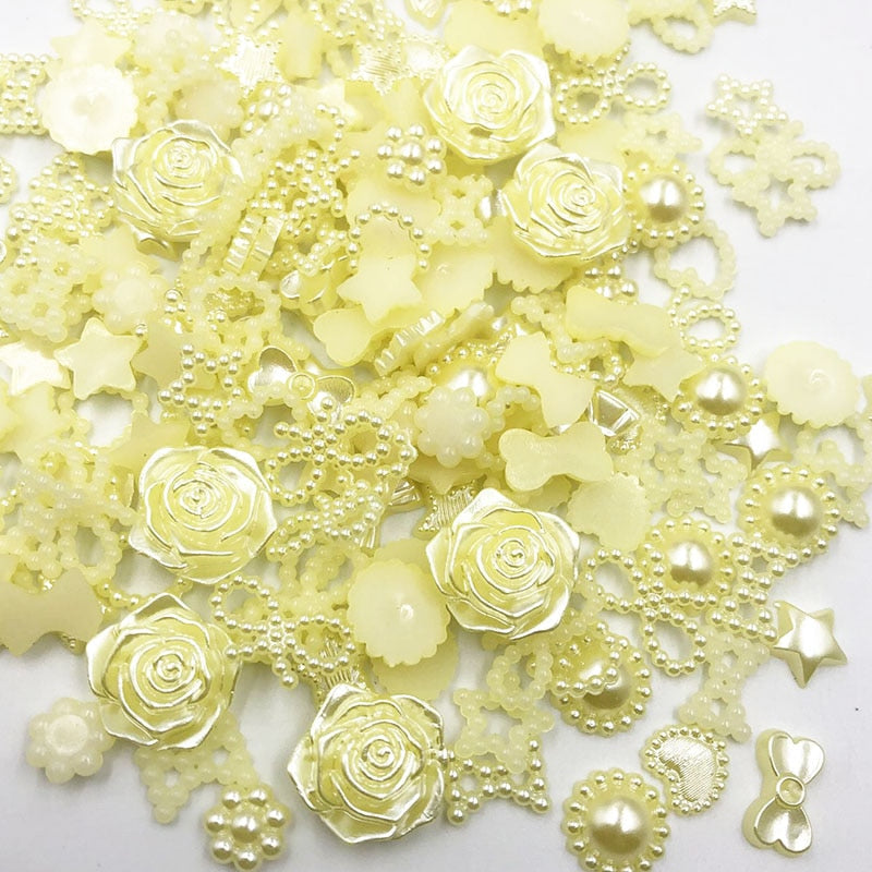 100pcs white ABS Resin Half Round flower Bow Alien Pearls For Art Flatback Non Hotfix Rhinestones Pearl Shoes Beads DIY Phone