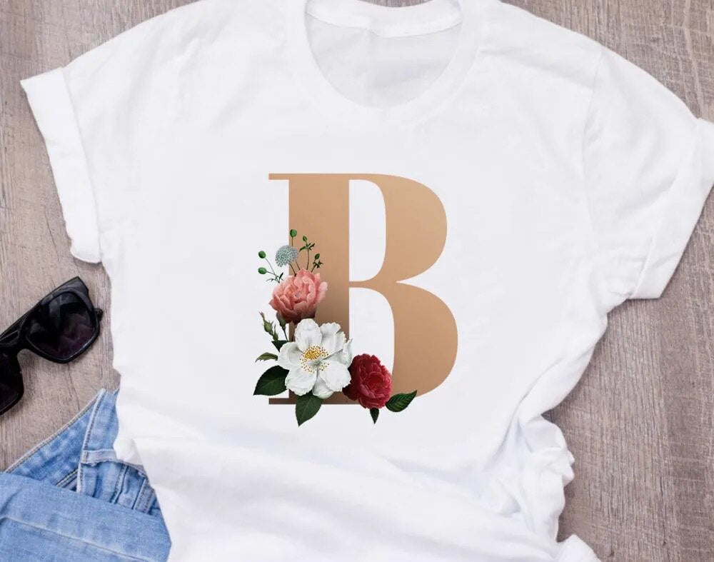 High-Quality Custom Name Letter (K) Combination T-Shirt for Women in Floral Alphabet Design in Short Sleeves.