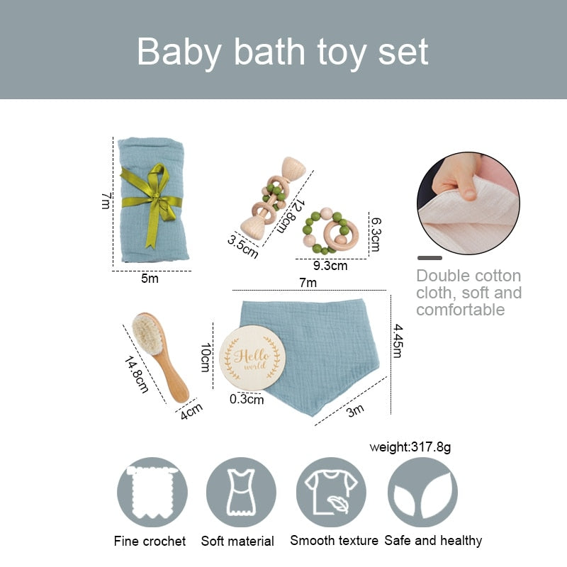 One Set Baby Bath Toy Set Baby Bath Towel Wooden Rattle Bracelet Crochet Rattles Toys Infant Bath Products Newborn Bed Bell