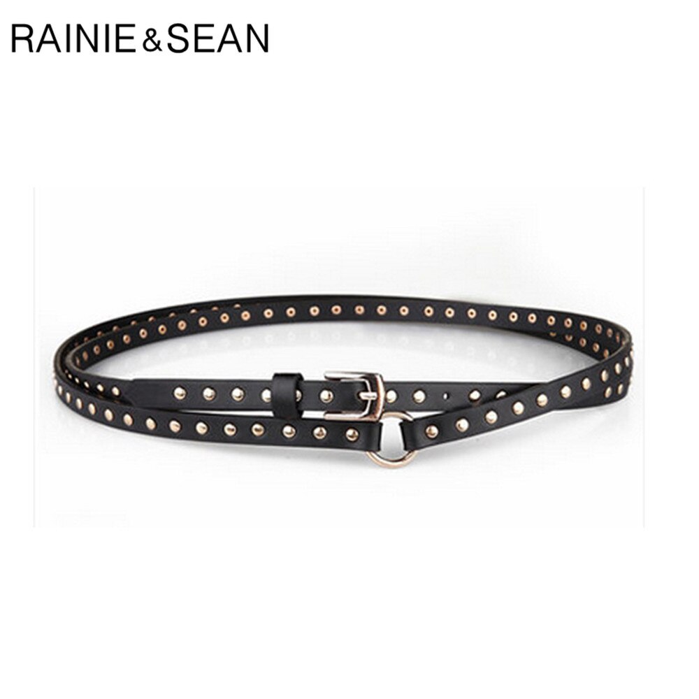 RAINIE SEAN Punk Rock Belts for Women Black Rivet Women Belt Streetwear Thin Extra Long 190cm Ladies Pin Buckle Leather Belt