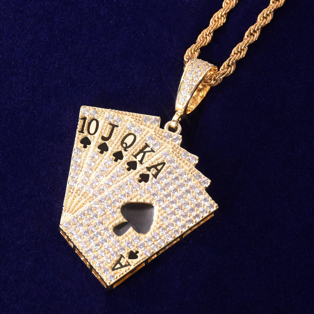 Poker Card Pendant Necklace Cubic Zircon Men&#39;s Hip Hop Rock Jewelry