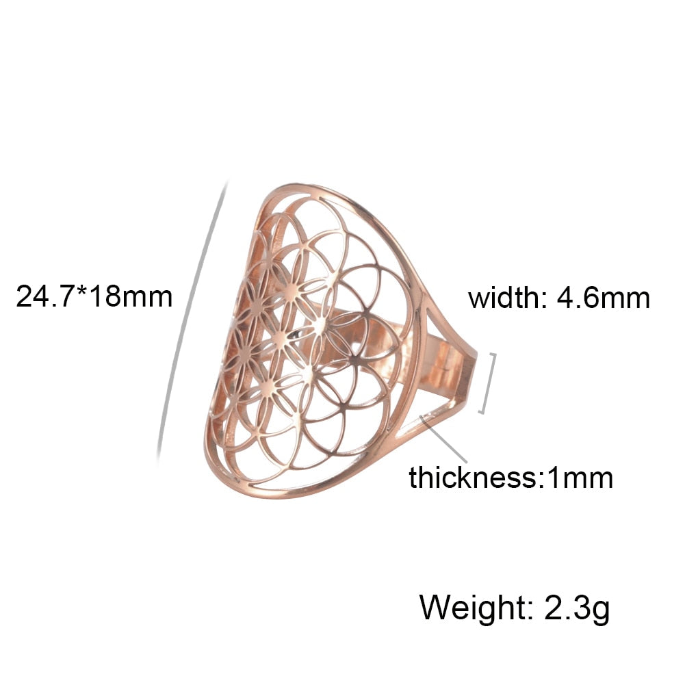 Skyrim Viking Flower of Life Ring Vintage Adjustable Stainless Steel Sacred Geometry Rings for Women Amulet Jewelry Wholesale