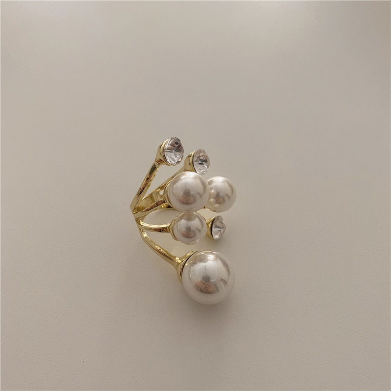 Elegant Retro Oversize Multi Pearl Rings for Women Lady Shiny Crystal Rhinestone Irregular Charm Ring Korean Wedding Jewelry