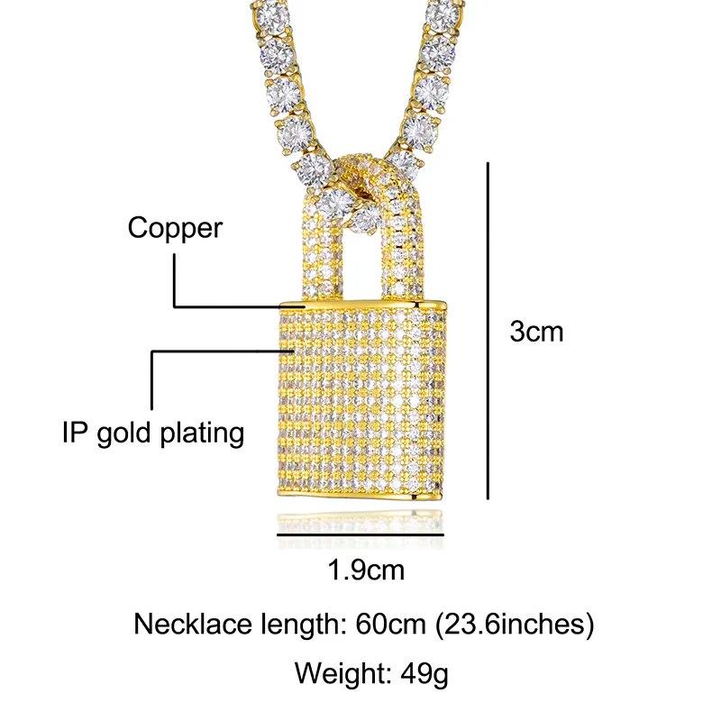 Hip Hop Bling Lock Iced Out Bling Cubic Zircon Necklace & Pendant For Men Jewelry Charm Tennis Chain