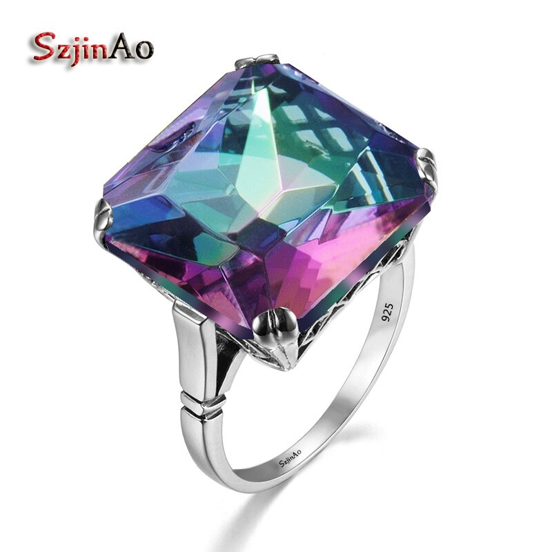 Szjinao Real 925 Sterling Silver 17*17mm Square Aquamarine Ring For Women Vintage Sparkling Massive Birthstone Jewelery Female D