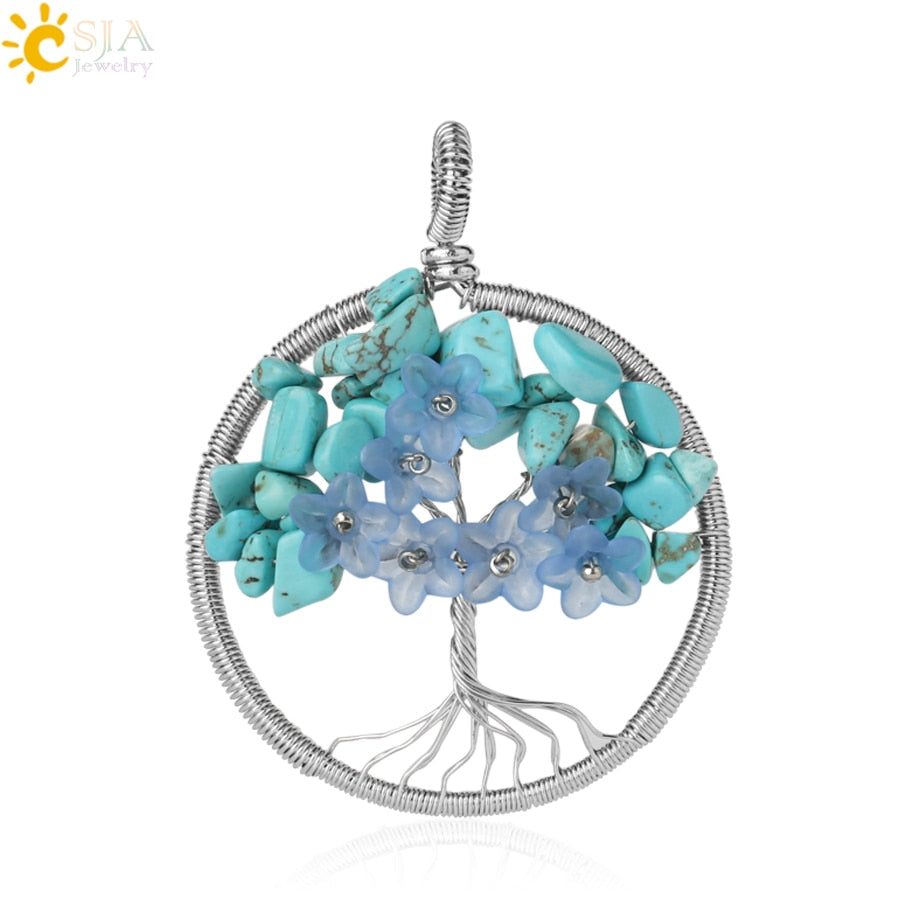 CSJA's Silver-Colored Tree of Life Pendant Necklace with Natural Stone - Wire-Wrapped Quartz Crystal Chip Bead Flower - Reiki Jewelry for Women - Model G306