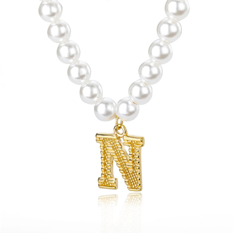 A-Z Initial Pearl Chain Necklaces For Women Initial Letter Simulated Pearl Necklace Stainless Steel Pendant Jewelry 2022