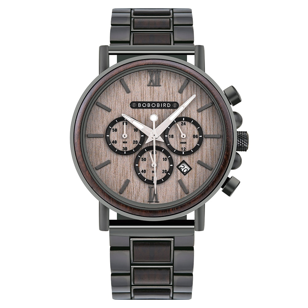 BOBO BIRD Wooden Stainless Steel Watch Men Water Resistant Timepieces Chronograph Quartz Watches relogio masculino Men&#39;s Gifts
