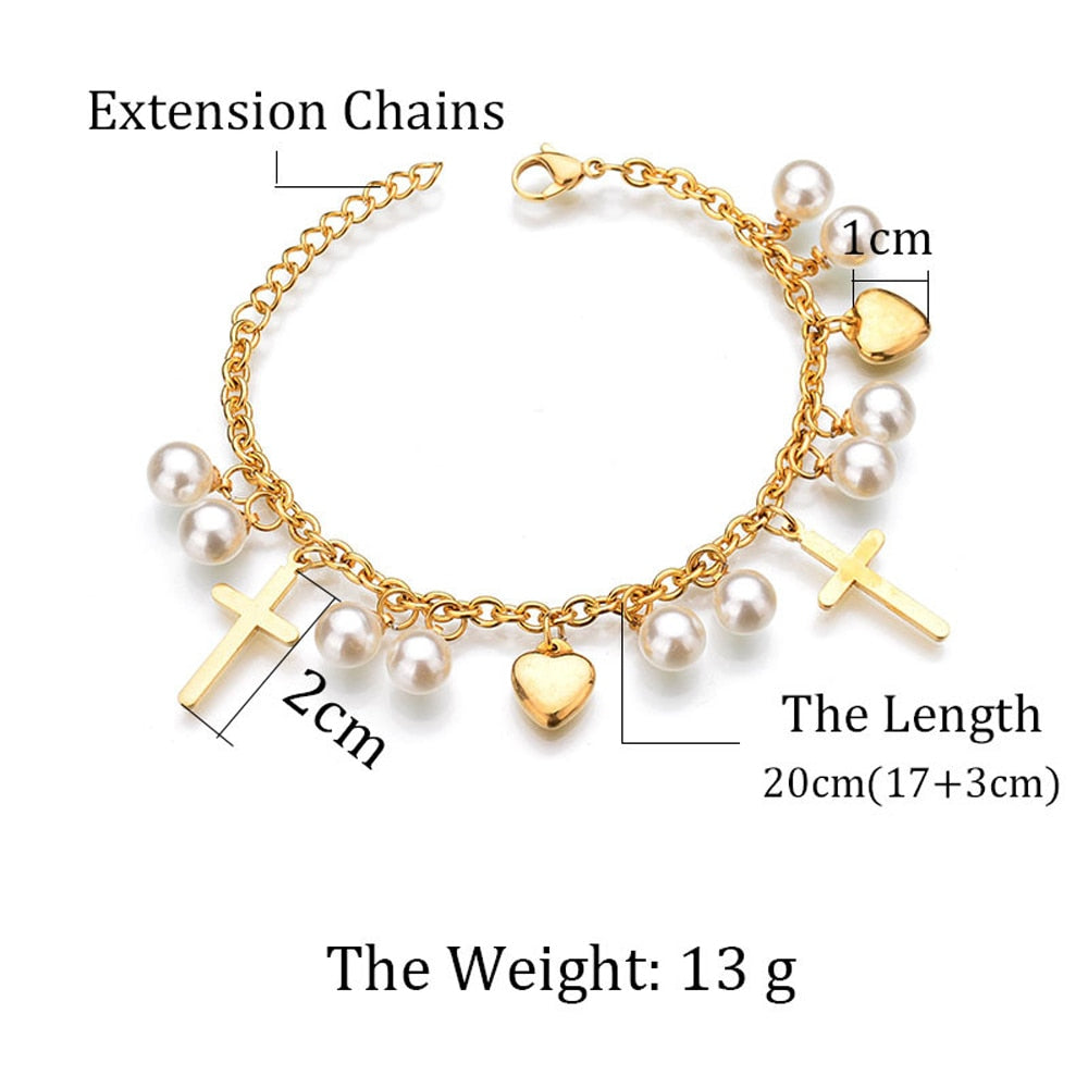 Women New Cross Pearl Heart Charms Bracelet Bohemia Gold Color Stainless Steel Link Chain Bracelets Fashion Christian Jewelry