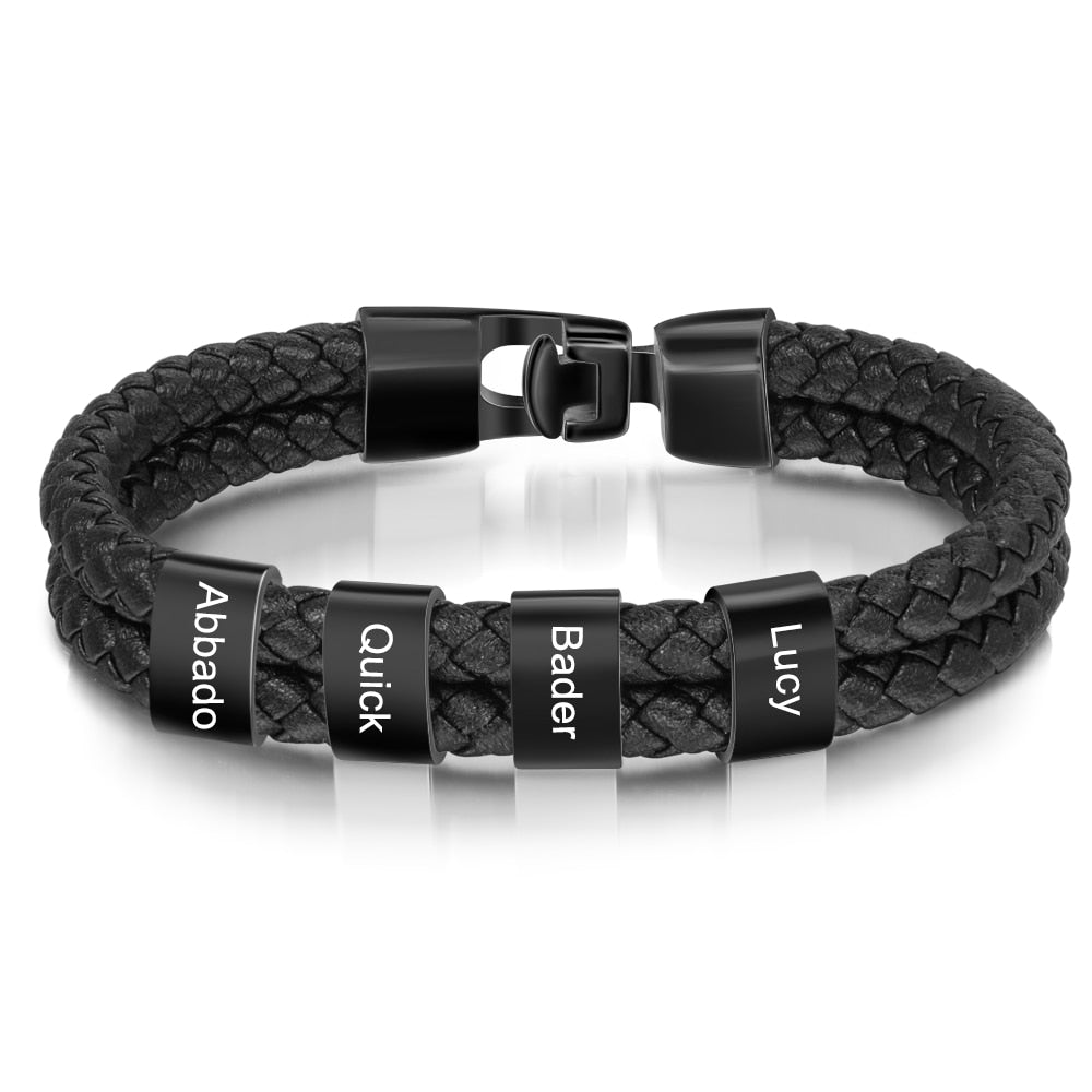 JewelOra Personalized Engraved Family Name Beads Bracelets Black Braided Leather Stainless Steel Bracelets for Men Fathers