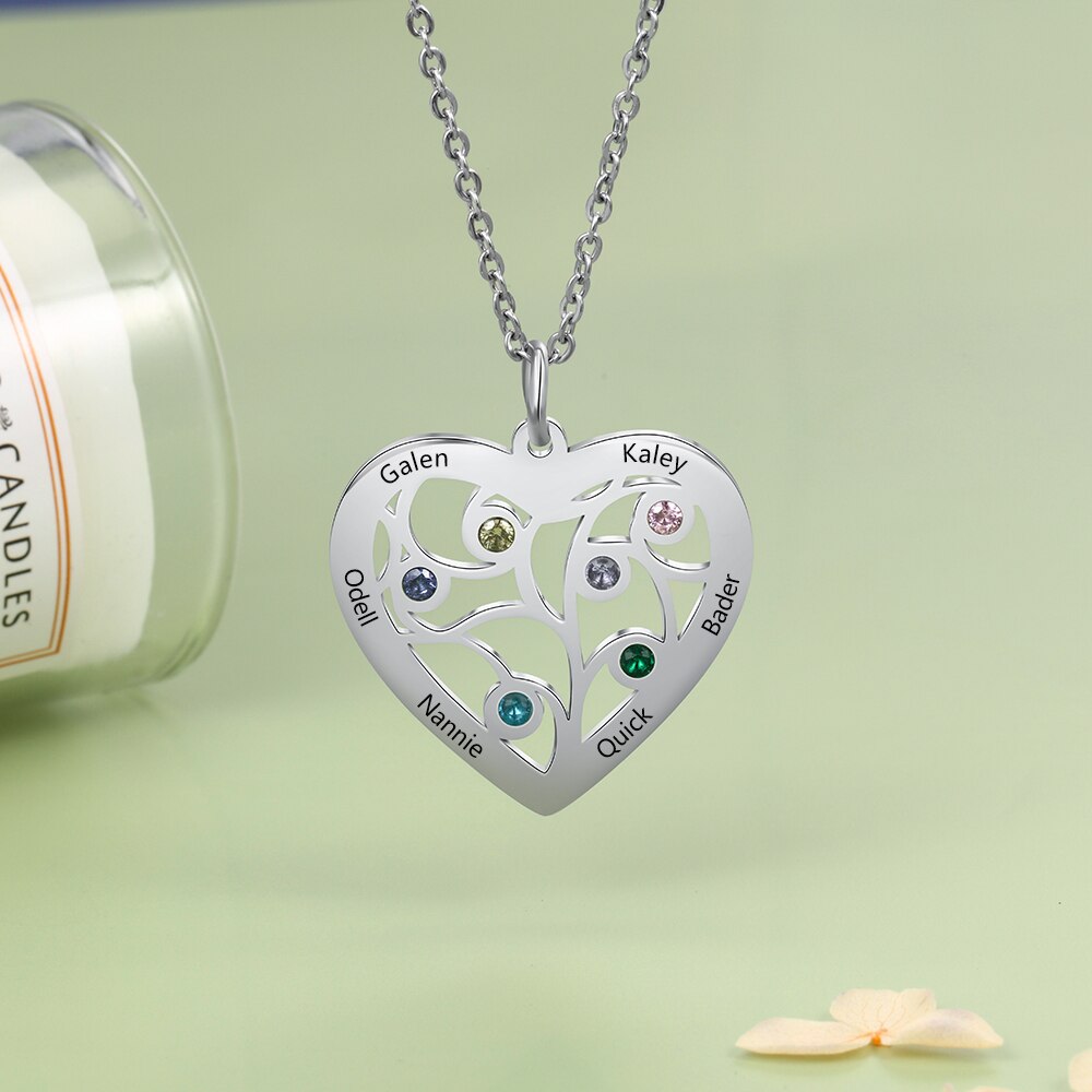 Personalized Tree of Life Heart Necklace with 6 Birthstones Engraved Family Names Stainless Steel Pendant Jewelry Gift(NE103181)