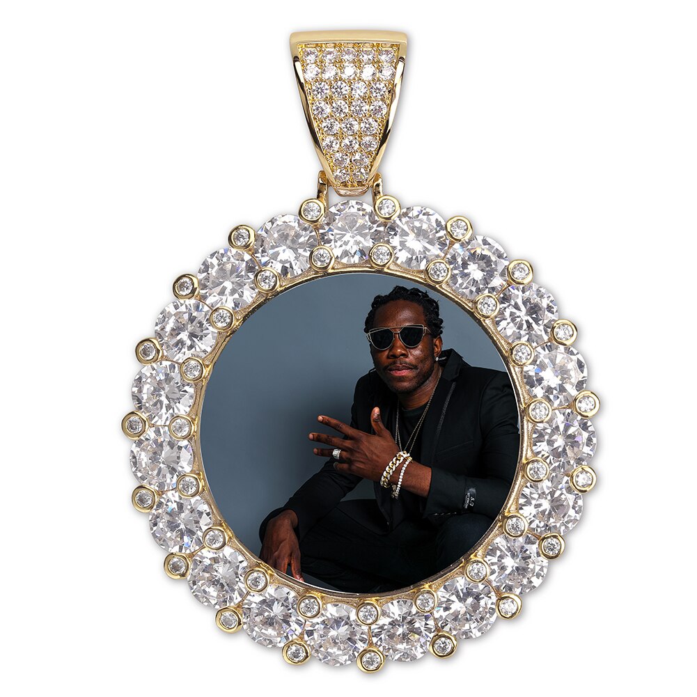 GUCY New Custom Photo Roundness Solid Back Pendant & Necklace With Tennis Chain Cubic Zircon Men's Hip Hop Jewelry