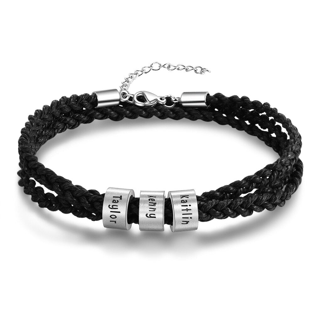 Personalized Stainless Steel Custom Name Beads Bracelet Adjustable Multilayer Braided Rope Men Bracelets Dad Gift