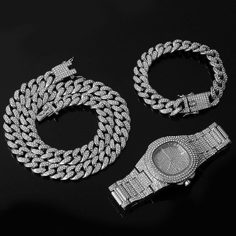 Hip Hop 15MM Necklace +Watch+Bracelet Bling Iced Out Miami Zircon Cuban Pave Rhinestone Men Bracelet Necklace For Men Jewelry