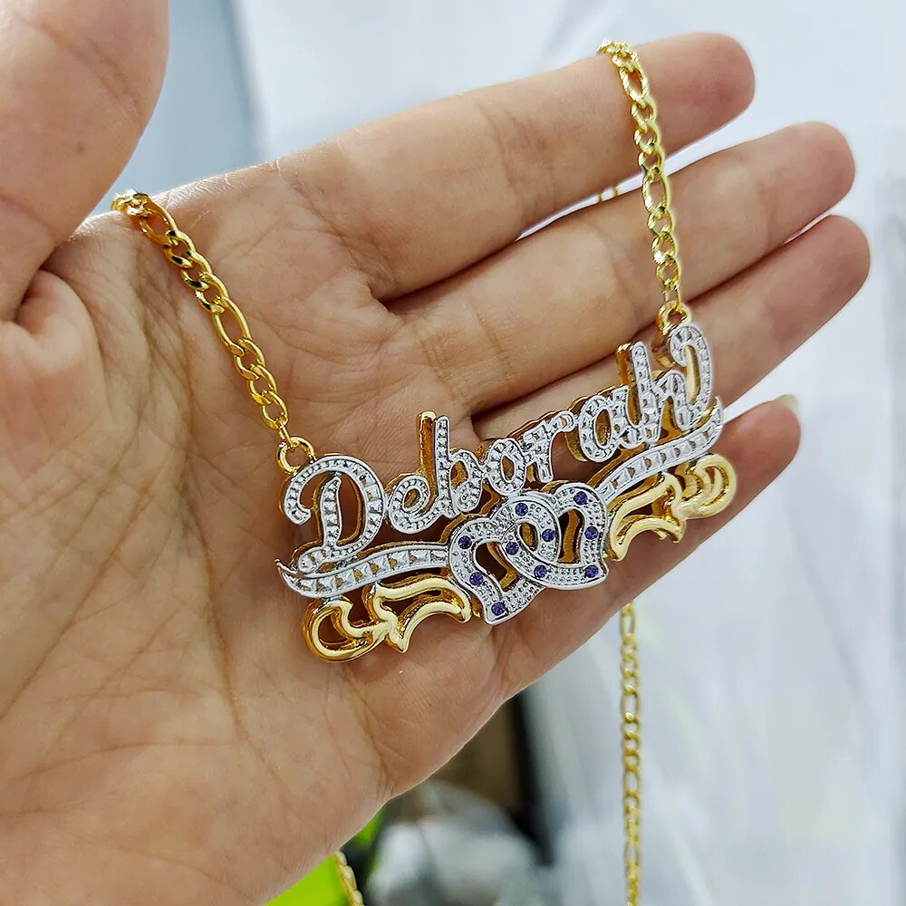 DODOAI Custom Necklace Double Gold plated Nameplate 3D Necklace Personalized Necklaces Choker Diamond Birthstone Necklace