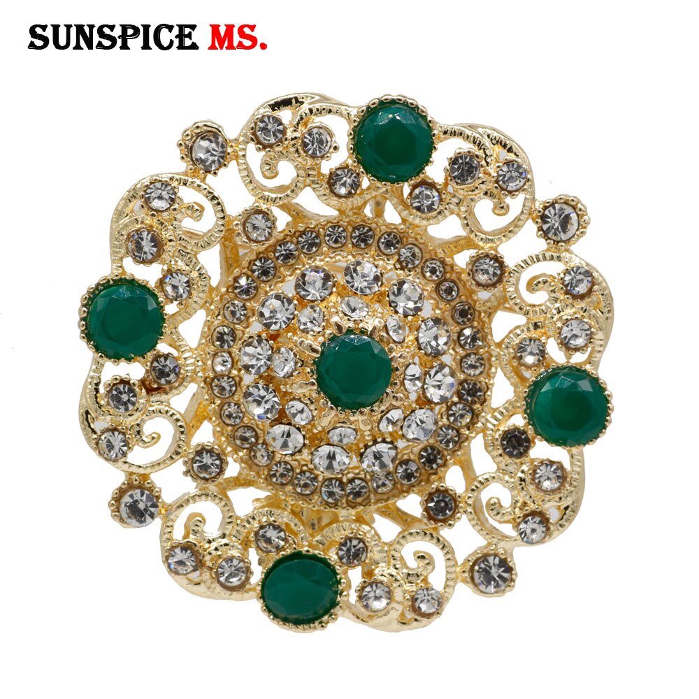 Sunspicems Turkish Brooch Pin For Women Antique Gold Color Vintage Round Resin Flower Arabesque Rhinestone Lapel Scarf Jewelry