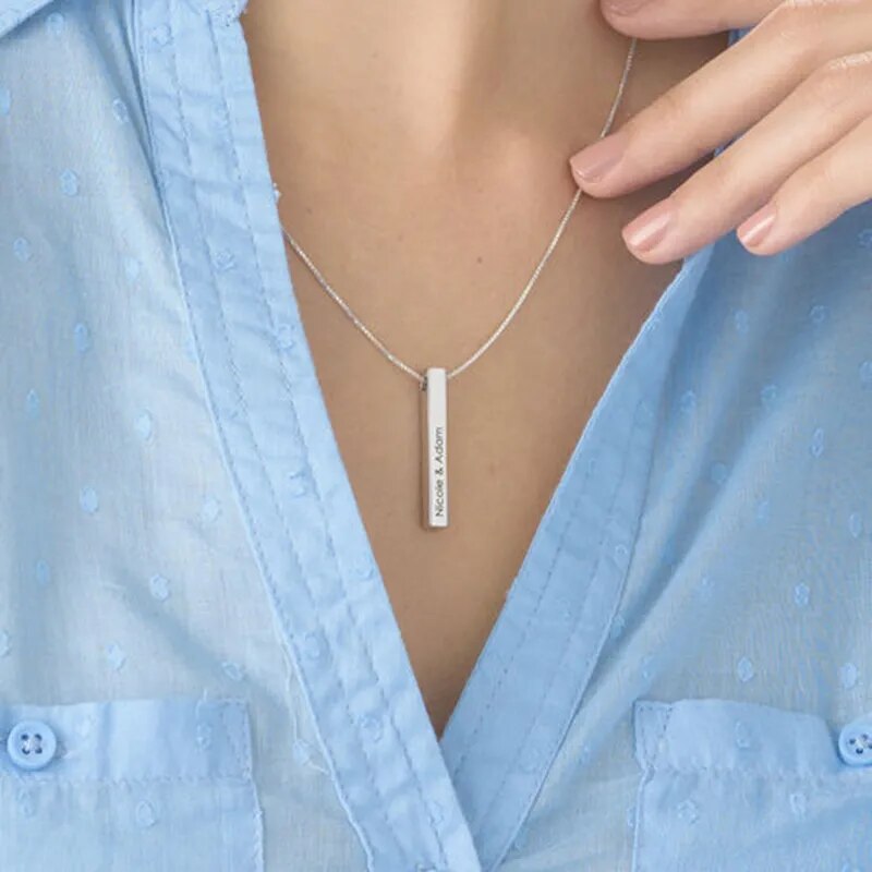 Vnox Customize 3D Vertical Bar Necklaces for Women Stainless Steel Engraved Geometric Pendant Simple Minimalist Elegant Jewelry