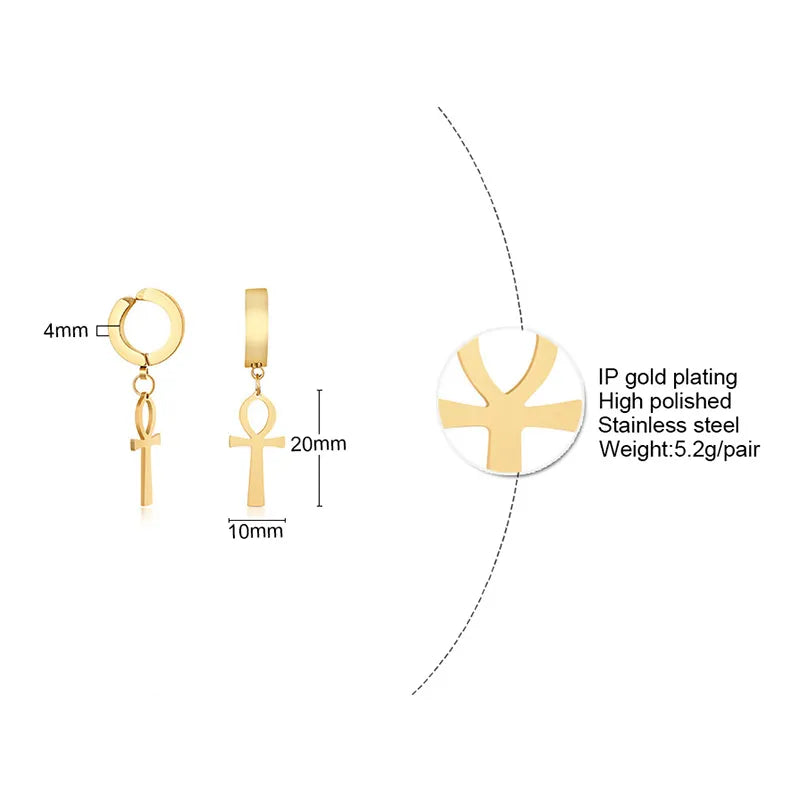 Vnox Unisex Ankh Cross Dangle Earrings for Women Men Glossy Stainless Steel Hoop Circle Clip Egypthian Ethic Jewelry