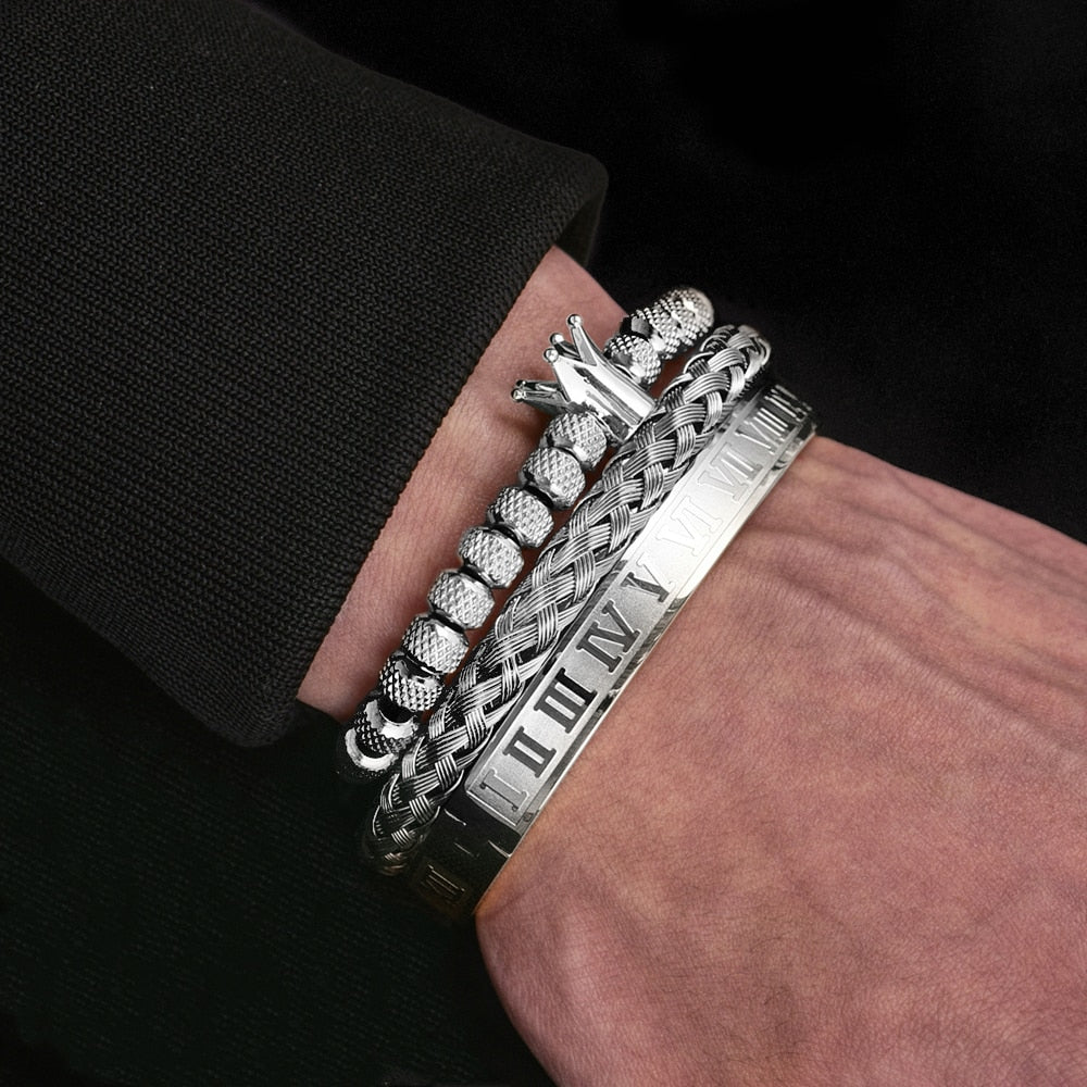 Luxury Roman Royal Crown Charm Bracelet Men Stainless Steel Geometry Pulseiras Men Open Adjustable Bracelets Couple Jewelry Gift