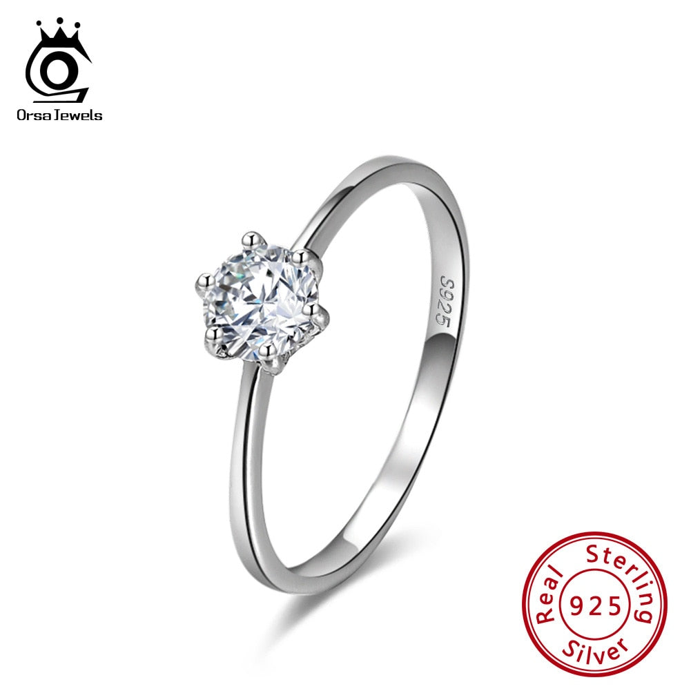 ORSA JEWELS Real 925 Sterling Silver Women Solitaire Rings Cubic Zircon Female Wedding Ring Fashion Jewelry For Any Party SR116