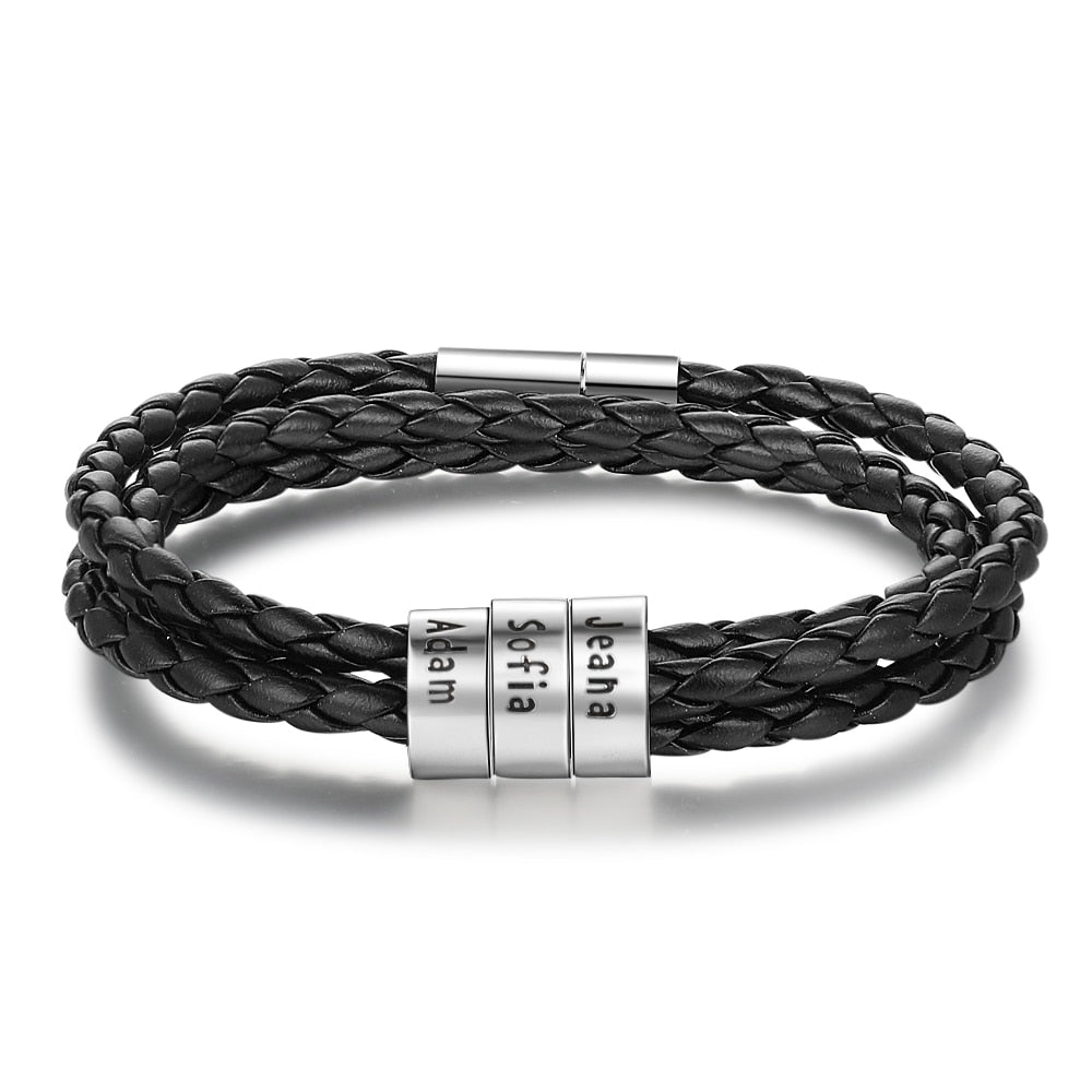 JewelOra Personalized Family Names Men Bracelet with Custom Beads Black Multilayer Leather Charm Bracelets for Men Accessories