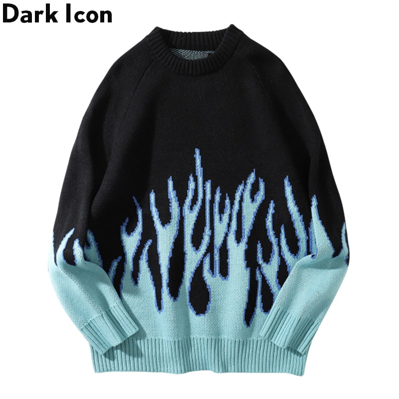 DARK ICON Blue Flame Sweater Me 2019 Winter Streetwear Men&#39;s Sweaters Pullover Knitwear Sweater for Men