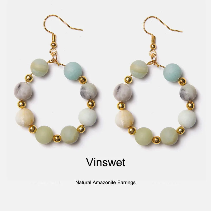 Natural stone beads Big Circle Drop Earrings for women agates amazonite stone Dangle Bohemi earring Reiki jewelry wholesale