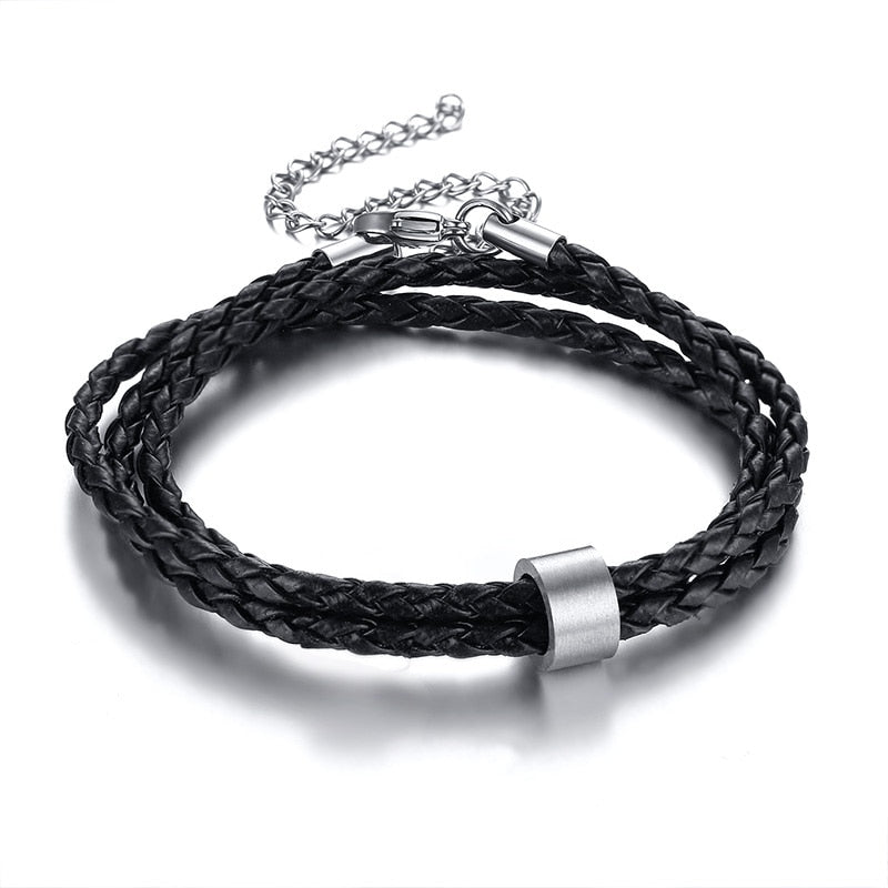 VNOX-BL-573BS Customized Bracelet - Trendy Stainless Steel Link Chain with Leather - Perfect for Men