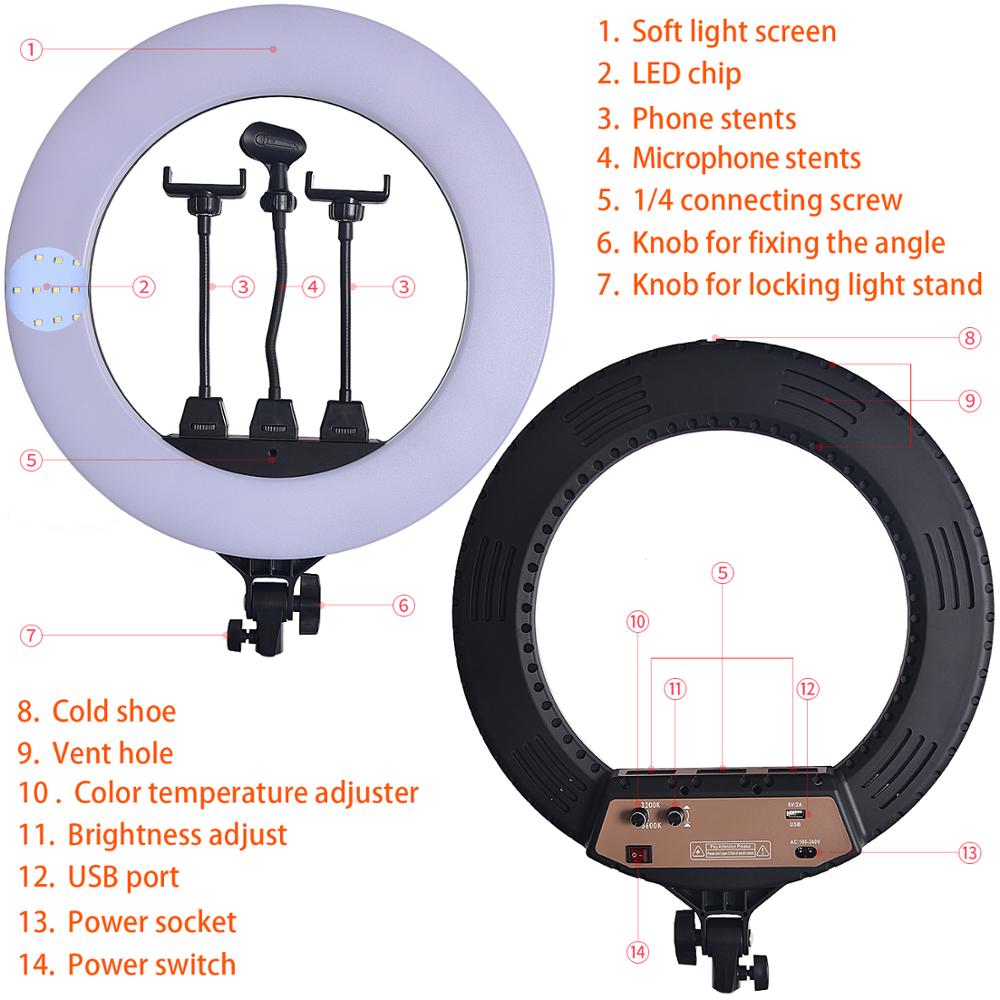 Fosoto 18 Inch Photographic lighting Bi-color Led Circle Round Light 80W Ringlight Lamp With Tripod For Camera Phone microphone.