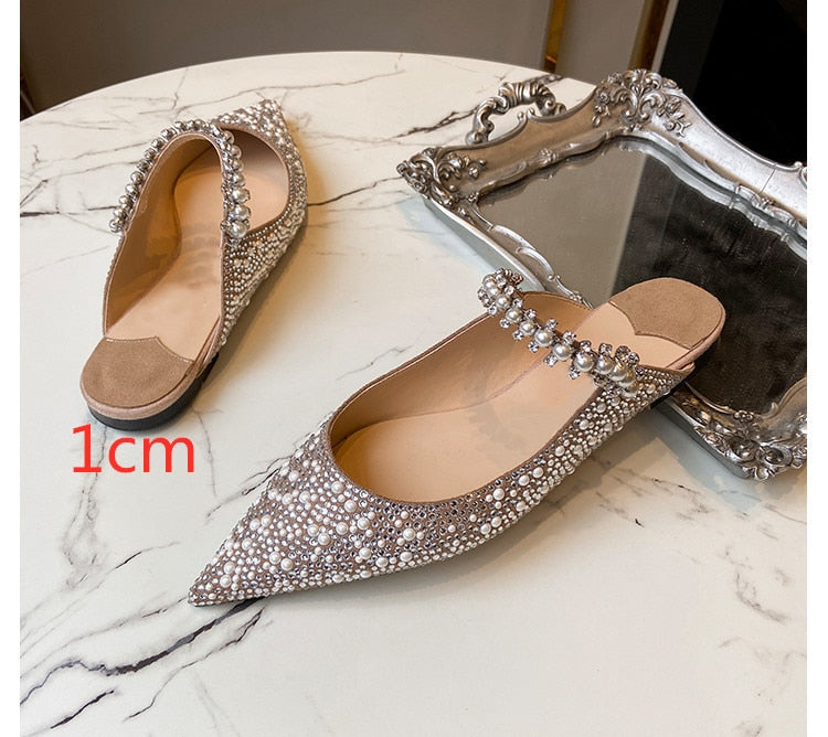 Pearl Slippers Shoes Women Basic 2023 Summer Flock Shiny Rhinestones Pointed Toe Flats Pearl Slippers Fashion Party Women Shoes