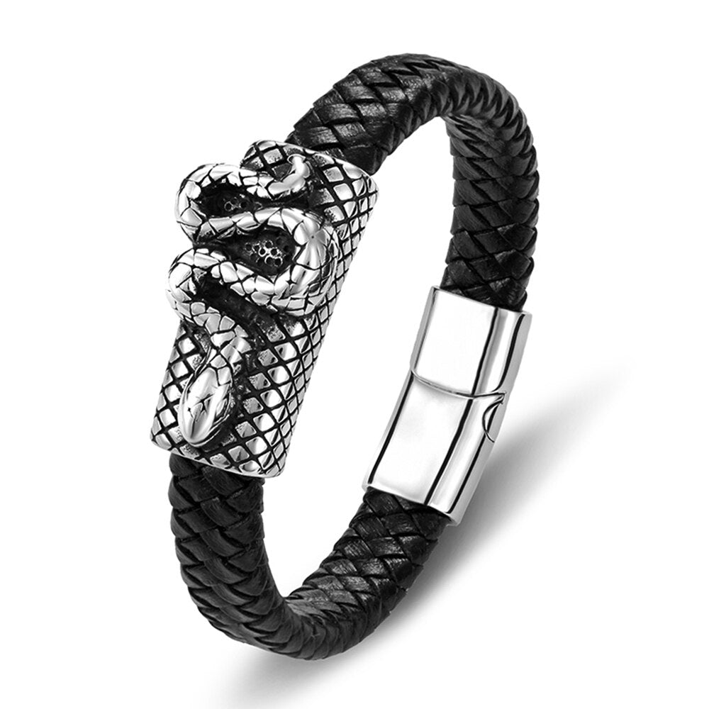 TYO Charm Black Genuine Leather Punk Rock Rope Animal Snake Bracelet Men Jewelry Magnetic Stainless Steel Braided Accessories