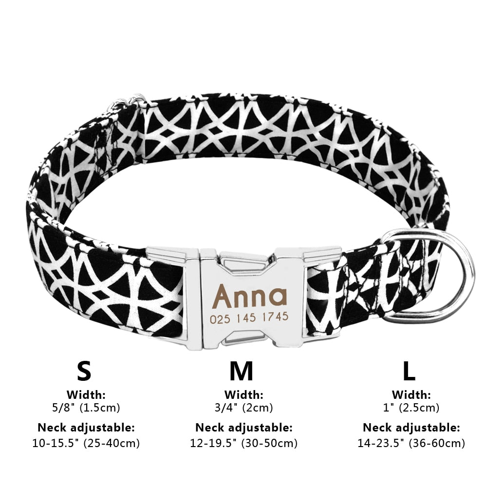 Personalized Dog Collar Nylon Print Dog Collars Customized Puppy Pet Collar Engraved Name ID for Small Medium Large Big Dogs Pug