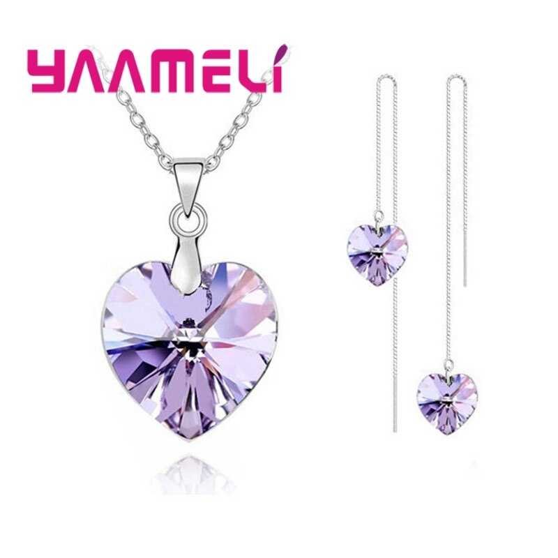 Love Heart Shape Women 925 Sterling Silver Bridal Jewelry Set For Wedding Fashion Crystal Pendants Necklaces Earring Set