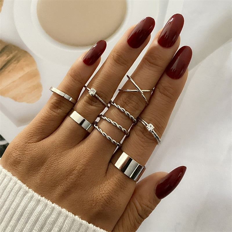 Women Twist Pearl Pearl Rings Set Fashion Geometric Hollow Crystal Ring For Women Heart Joint Rings Boho Jewelr Accessories