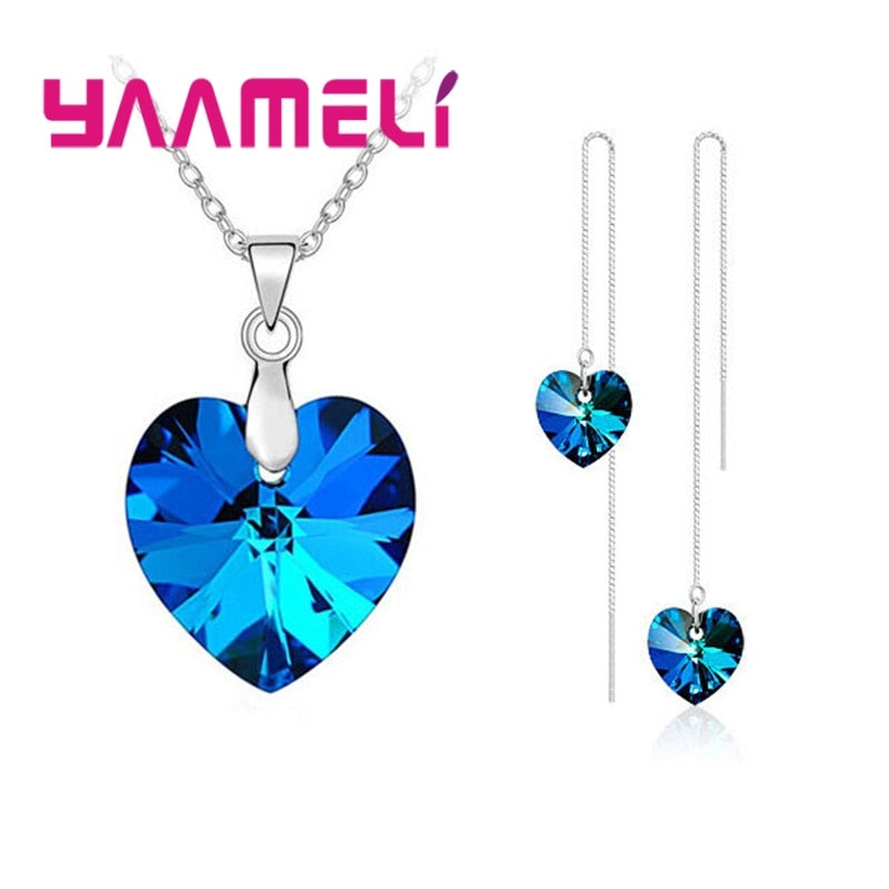 Love Heart Shape Women 925 Sterling Silver Bridal Jewelry Set For Wedding Fashion Crystal Pendants Necklaces Earring Set