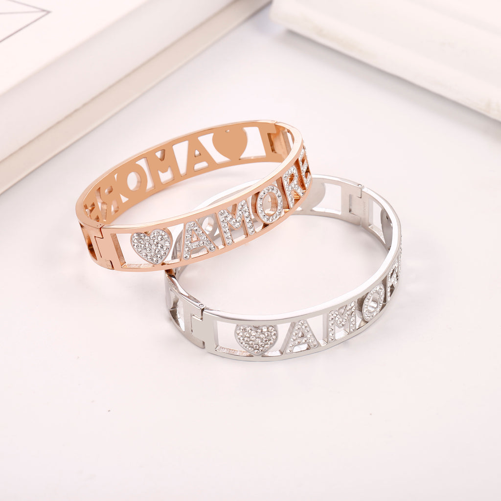 Rose Gold Amore Crystal Letter Bangle Bracelet For Women Stainless Steel Bangle Gift Jewelry Bijoux femme 2020 Wholesale