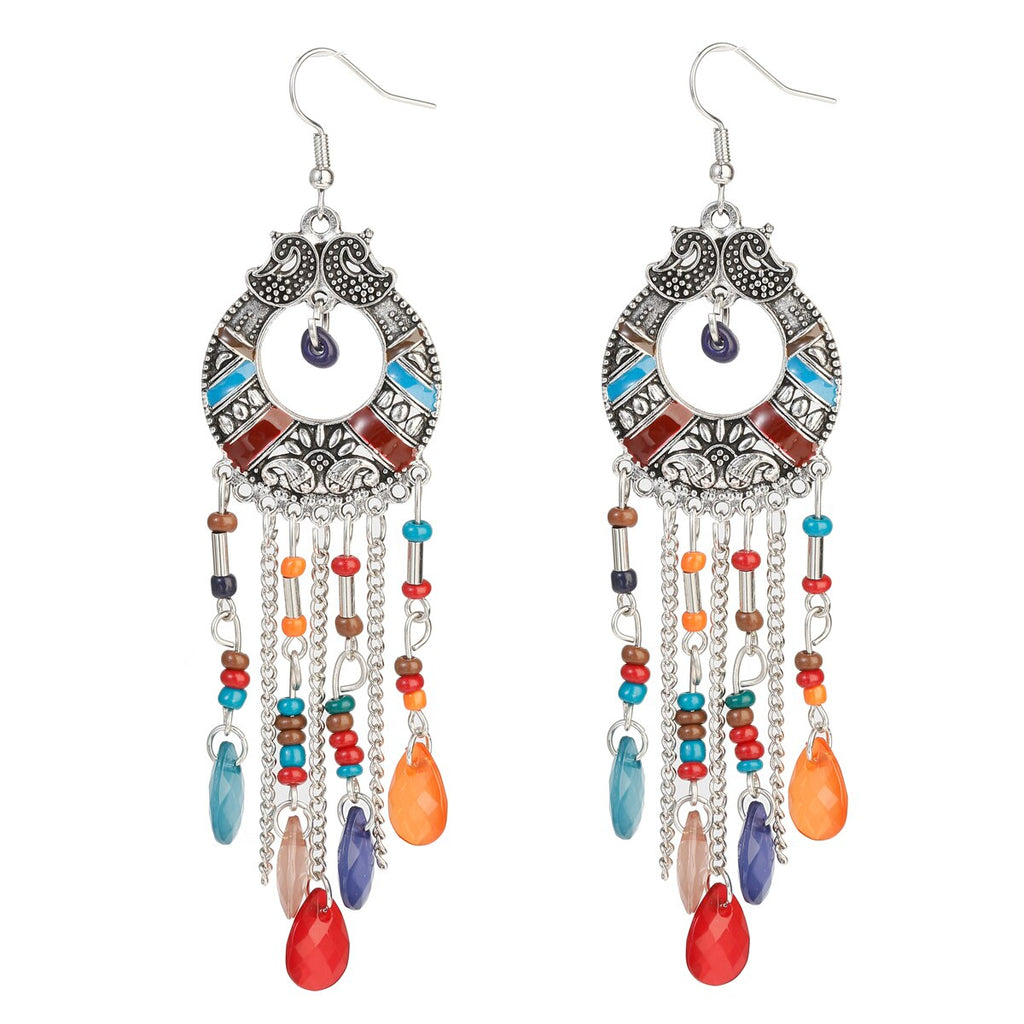 2020 Vintage Ethnic Bohemian White Beads Jhumka Earrings Geometric Metal Tassel Indian Earrings Tibetan Jewelry