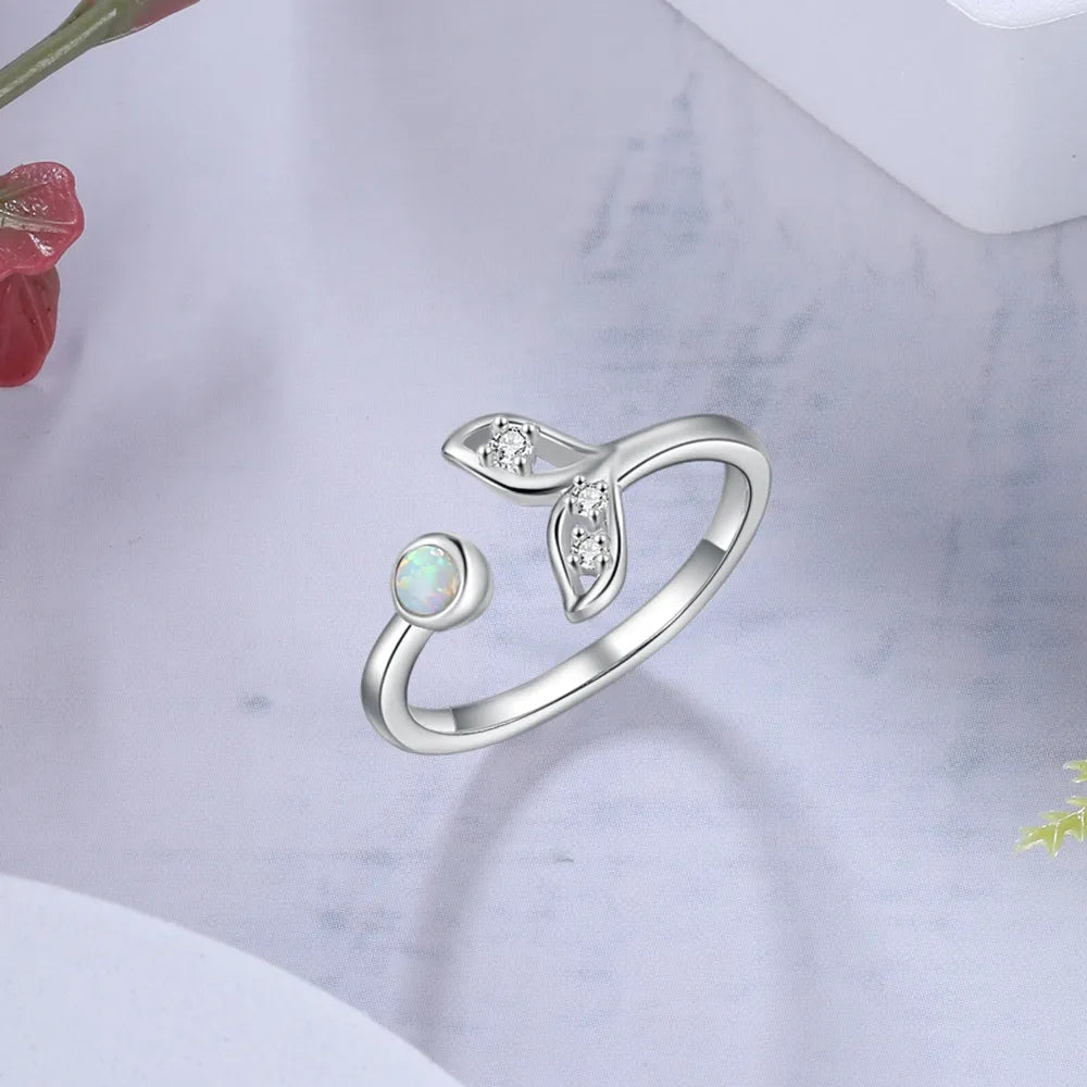 925 Sterling Silver Fish Tail Mermaid Open Finger Rings Cute Crystal Small Opal Stone Ring  Women Wedding Jewelry (Lam Hub Fong)