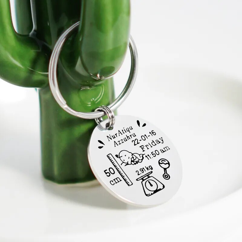 Customized Baby Date Of Birth Round Keychain Engraved Photo Names Keyrings Stainless Steel Newborn Keepsake Keyring