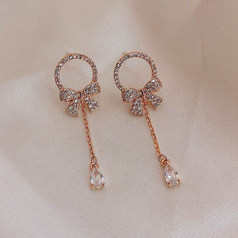 New Fashion Trendy Water Drop Women Dangle Earrings Bow Tassel Earrings Korean Earrings Zircon Long Jewelry Gifts