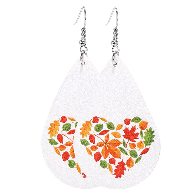 Pumpkin Maple Thanksgiving Leather Earrings Women Vintage Unique Floral Checked Print Leather Teardrop Dangle Earrings Gifts