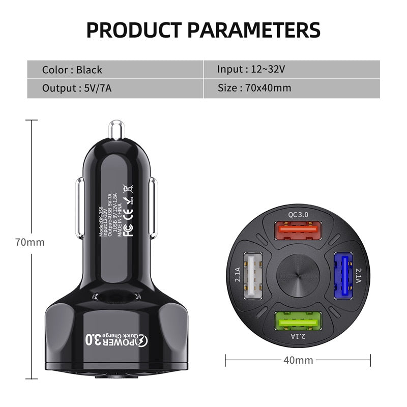 USLION 48W Quick Car Charge 7A Mini 4 Ports USB Fast Charging For iPhone 11 Xiaomi Huawei Mobile Phone Charger Adapter in Car