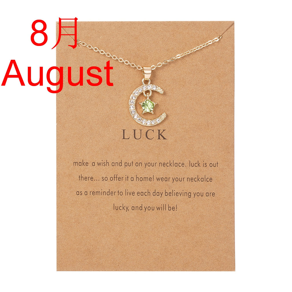 Moon Star Crystal Birthstone Pendant Necklace For Women Choker Mom Birthday Jewelry Gift Gold Color Clavicle Chain Wish Card.