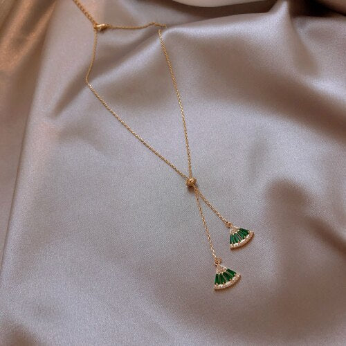 Hot selling green zircon crystal fan-shaped geometric necklace pendant necklace elegant party ladies necklace jewelry for women