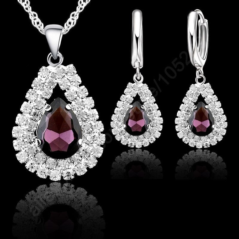 Elegant Wedding Jewelry Sets 925 Sterling Silver Women Fine Water Drop Crystal Engagement Pendant Necklace Earrings Set