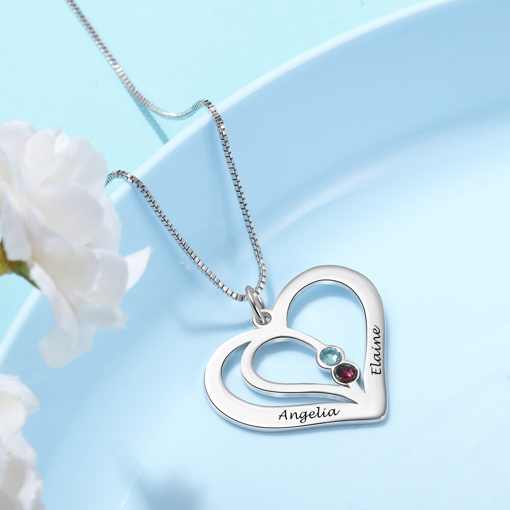 Personalized Engraved Name Heart Necklaces &amp; Pendants for Women Custom Birthstone Silver Color Friendship Necklace