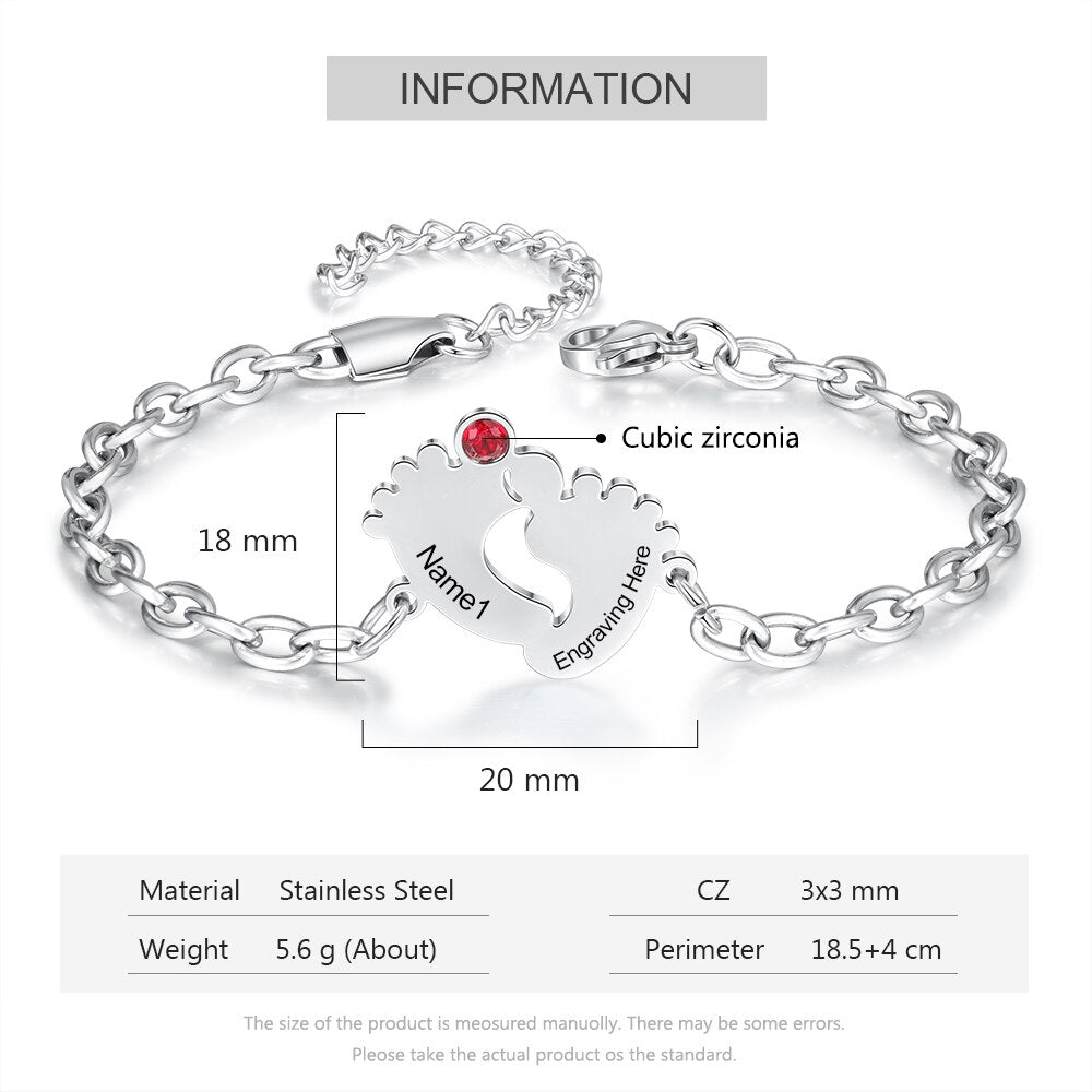 JewelOra Personalized Engraving Name & Date Baby Feet Charm Bracelet Stainless Steel Custom Birthstone Bracelet Gifts for Mother